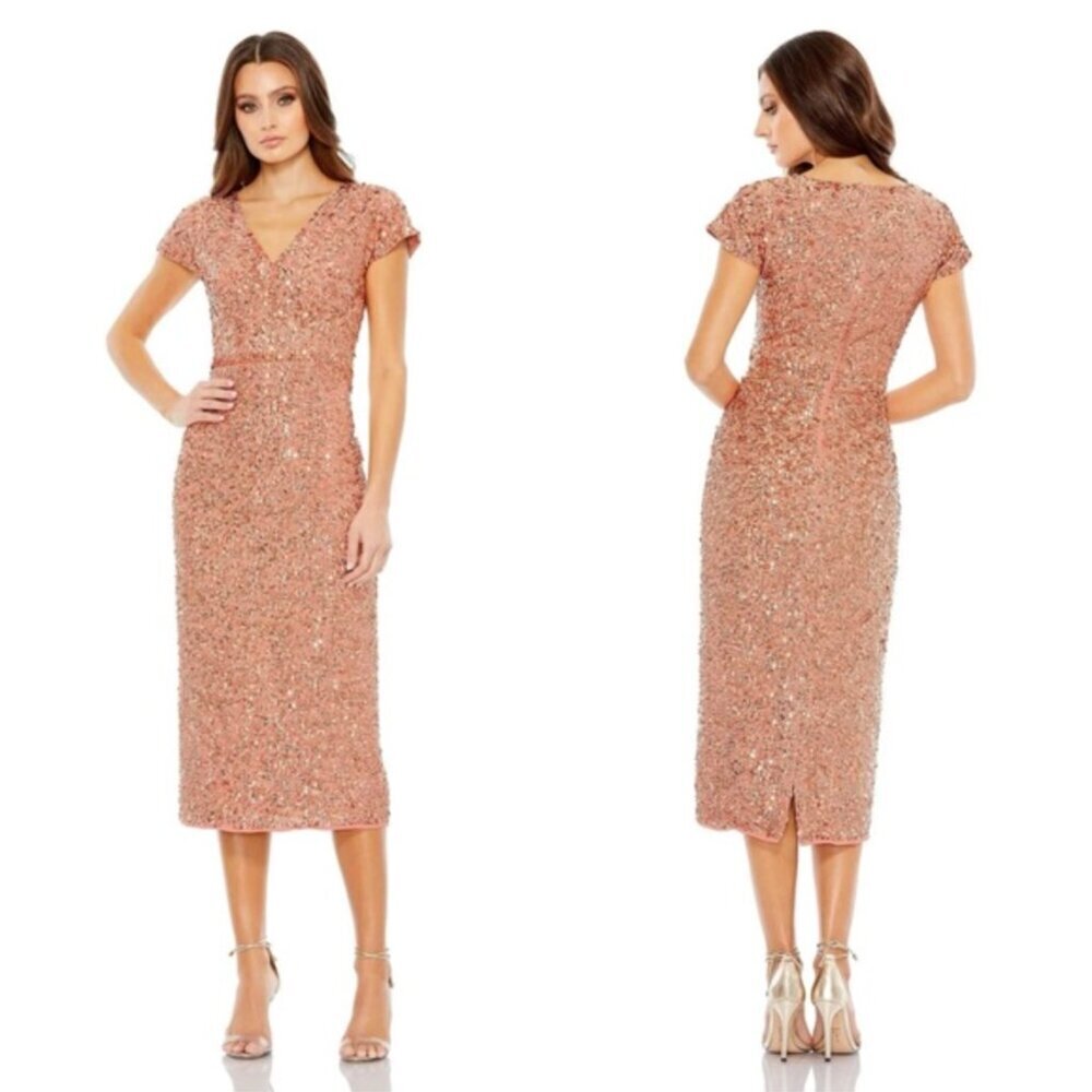 NWT Mac Duggal Sequined Cap Sleeve Muskmelon Sheath Pencil Cocktail Dress Size 4